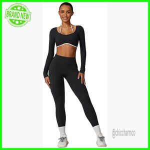 Long Sleeve Crop Top with Built-in Bra & High Waist Leggings Workout Set